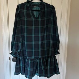 Ruffle puff-sleeve dress in Black Watch tartan, XS. Never worn, new w/o tags